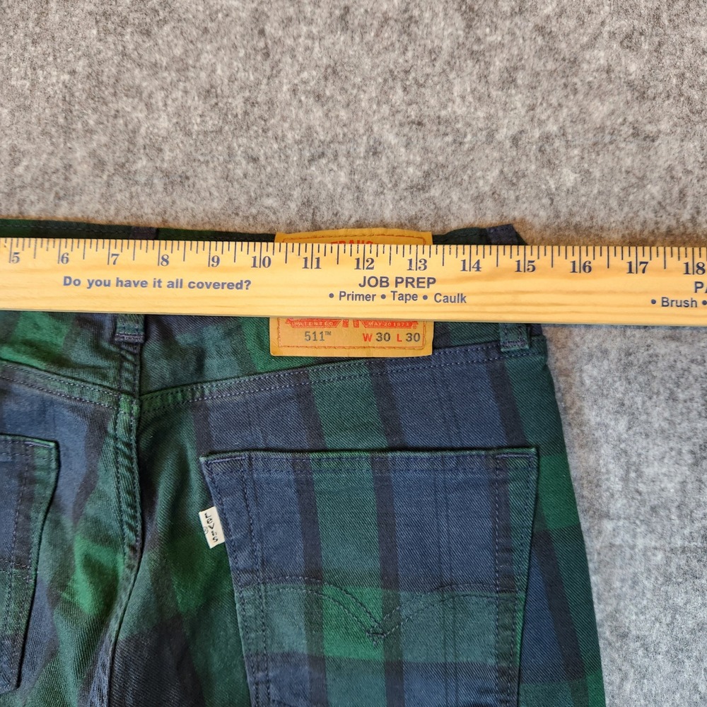 Levi 511 Slim Fit Pants Men 30x30 Green Black Watch Plaid Tartan Check Trousers - Picture 11 of 12
